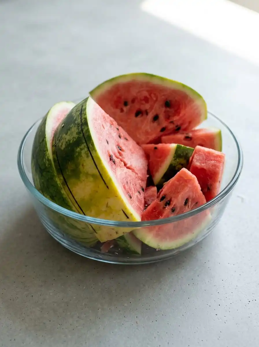 Watermelon and Berry Layer Cake 13 Freshly sliced seedless watermelon rounds and assorted summer berries prepared for a Watermelon and Berry Layer Cake.