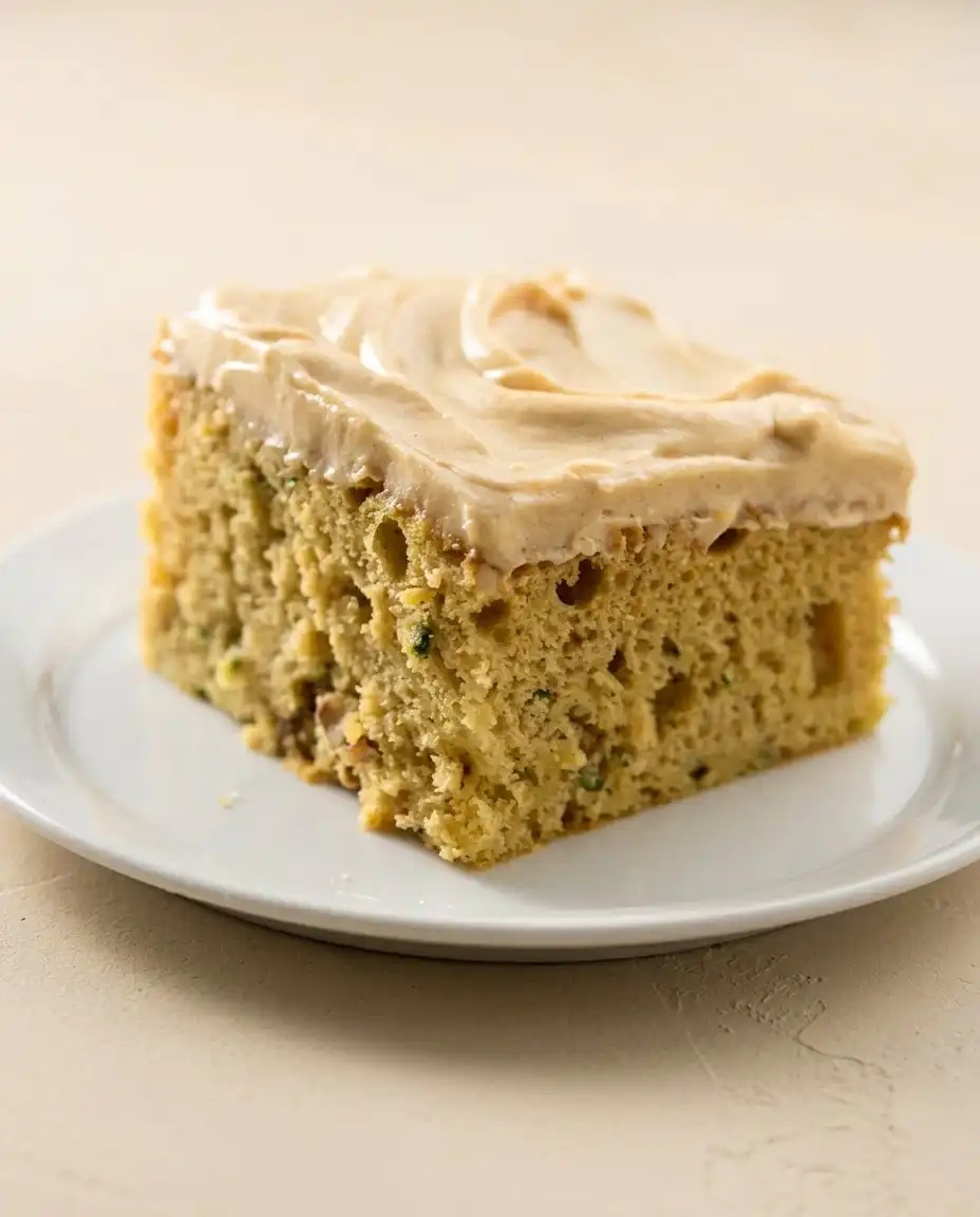 Slices of zucchini cake with cream cheese icing and toasted walnuts served on a plate.