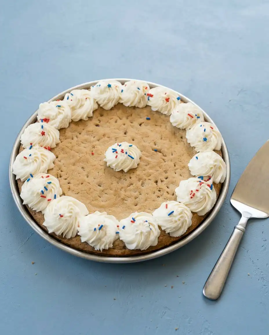 Classic Chocolate Chip Cookie Cake 15 A chef slicing a Classic Chocolate Chip Cookie Cake to show its dense, chewy interior structure.