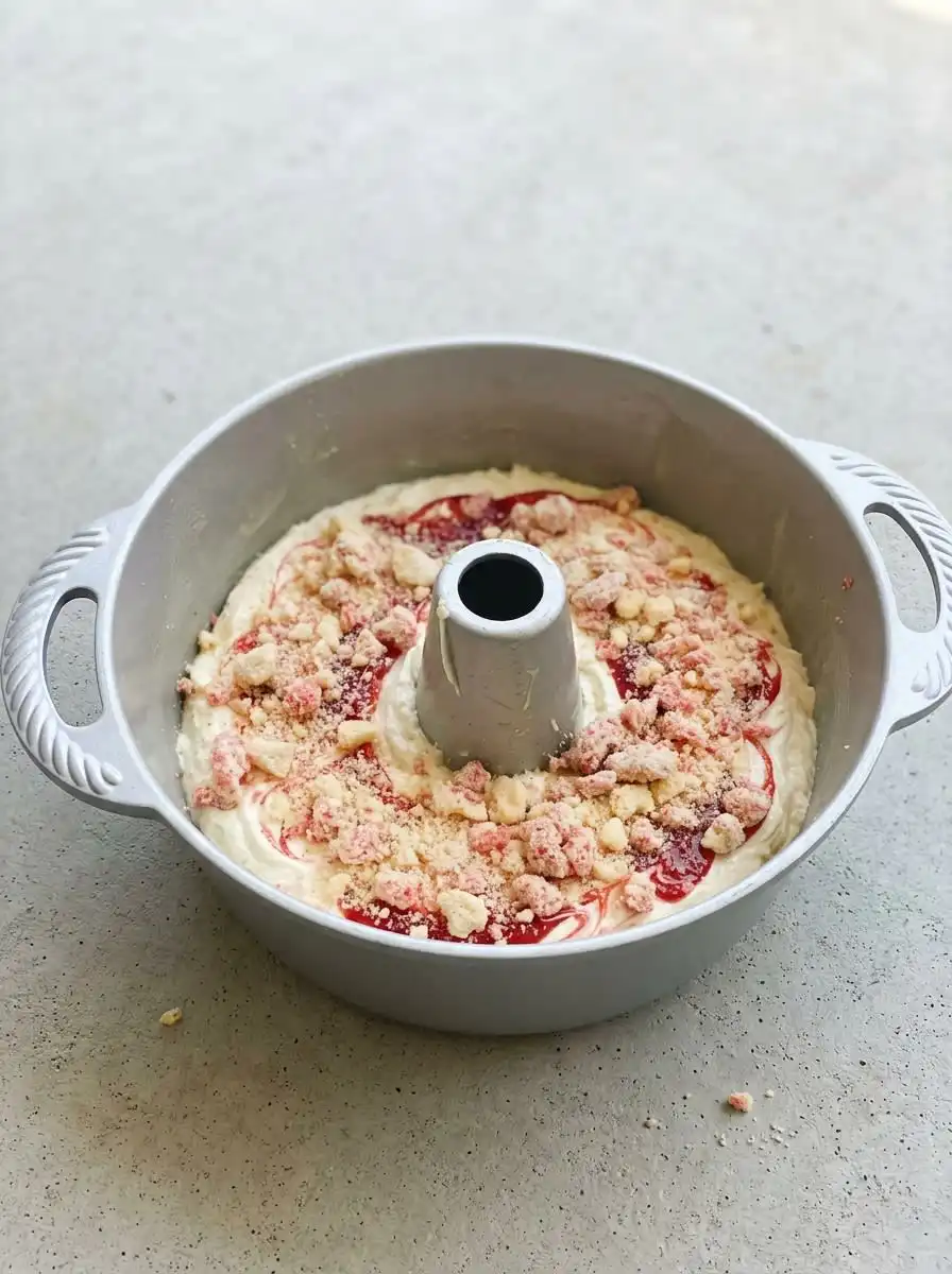 A hand slicing into a fresh cream cheese pound cake with strawberry glaze.