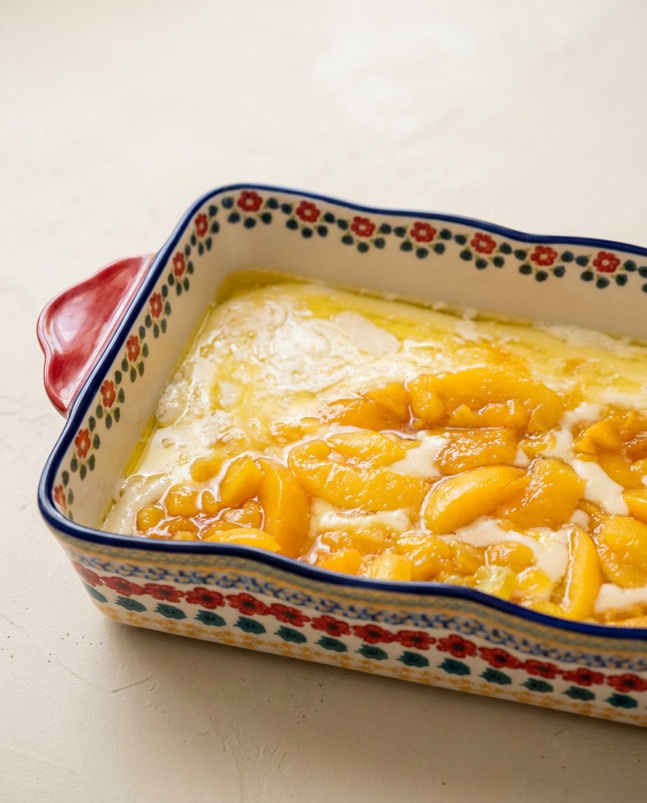Peach Cobbler Sheet Cake 15 A sharp knife slicing a neat square of Peach Cobbler Sheet Cake with distinct frosting and peach layers.