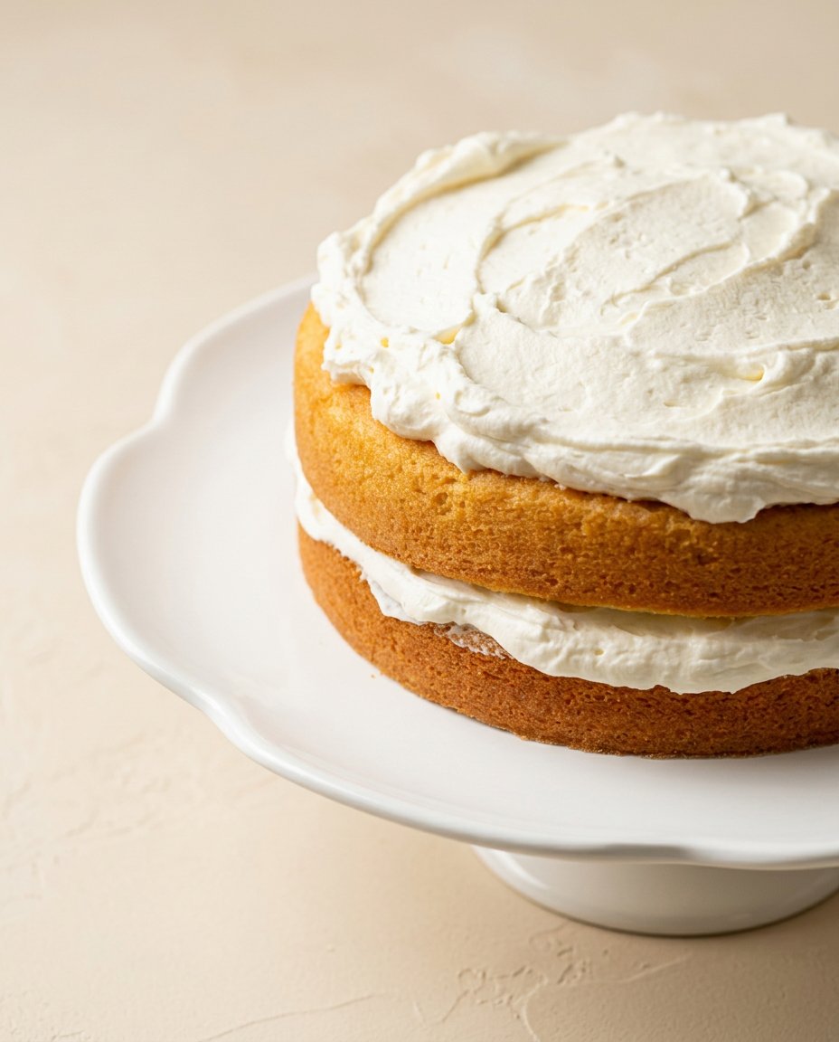 Three-Layer Coconut Cream Cake 15 A sharp chef knife slicing a neat portion of Three-Layer Coconut Cream Cake on a dark plate.