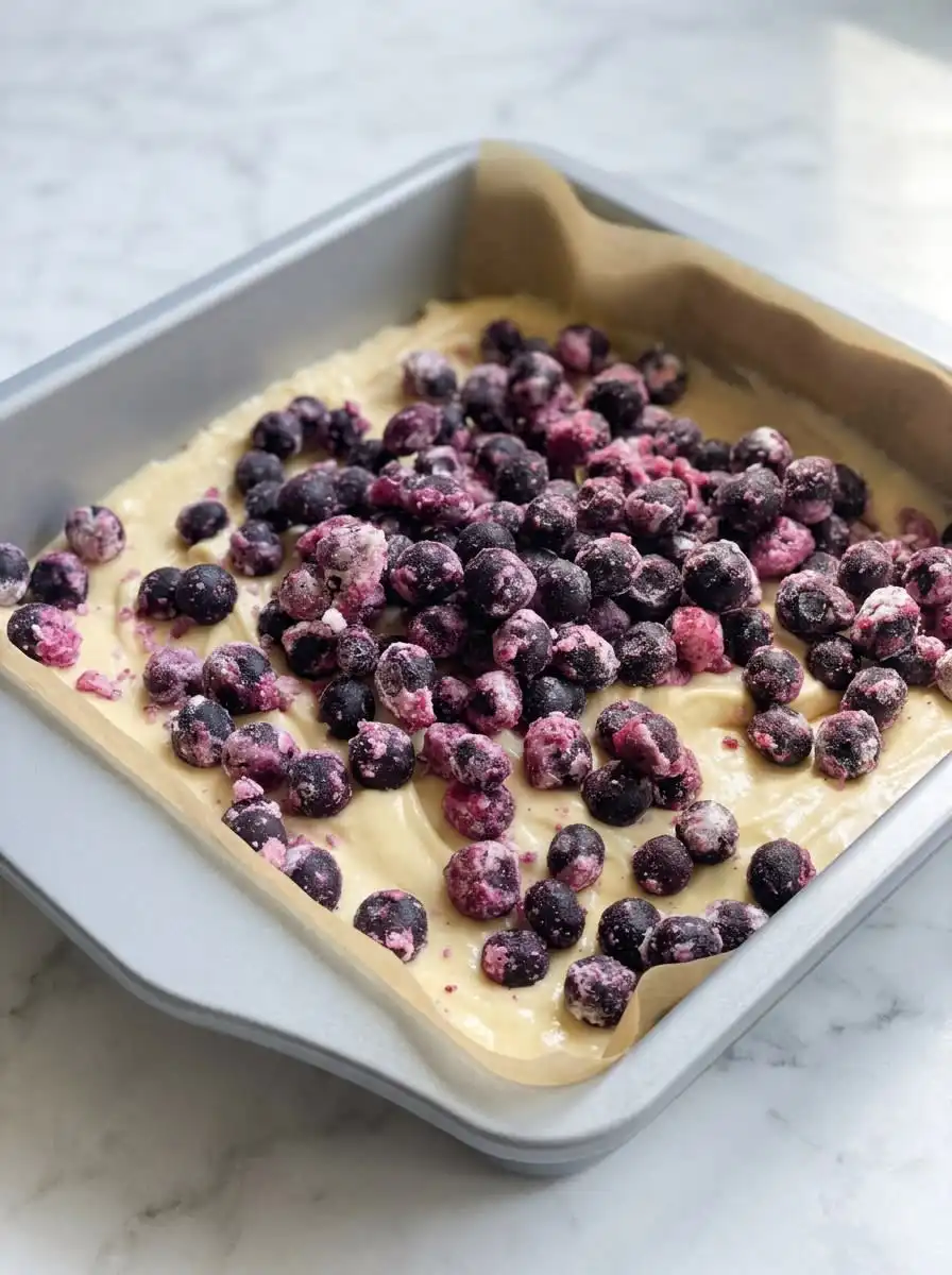 A sharp knife slicing through a thick piece of classic blueberry coffee crumb cake