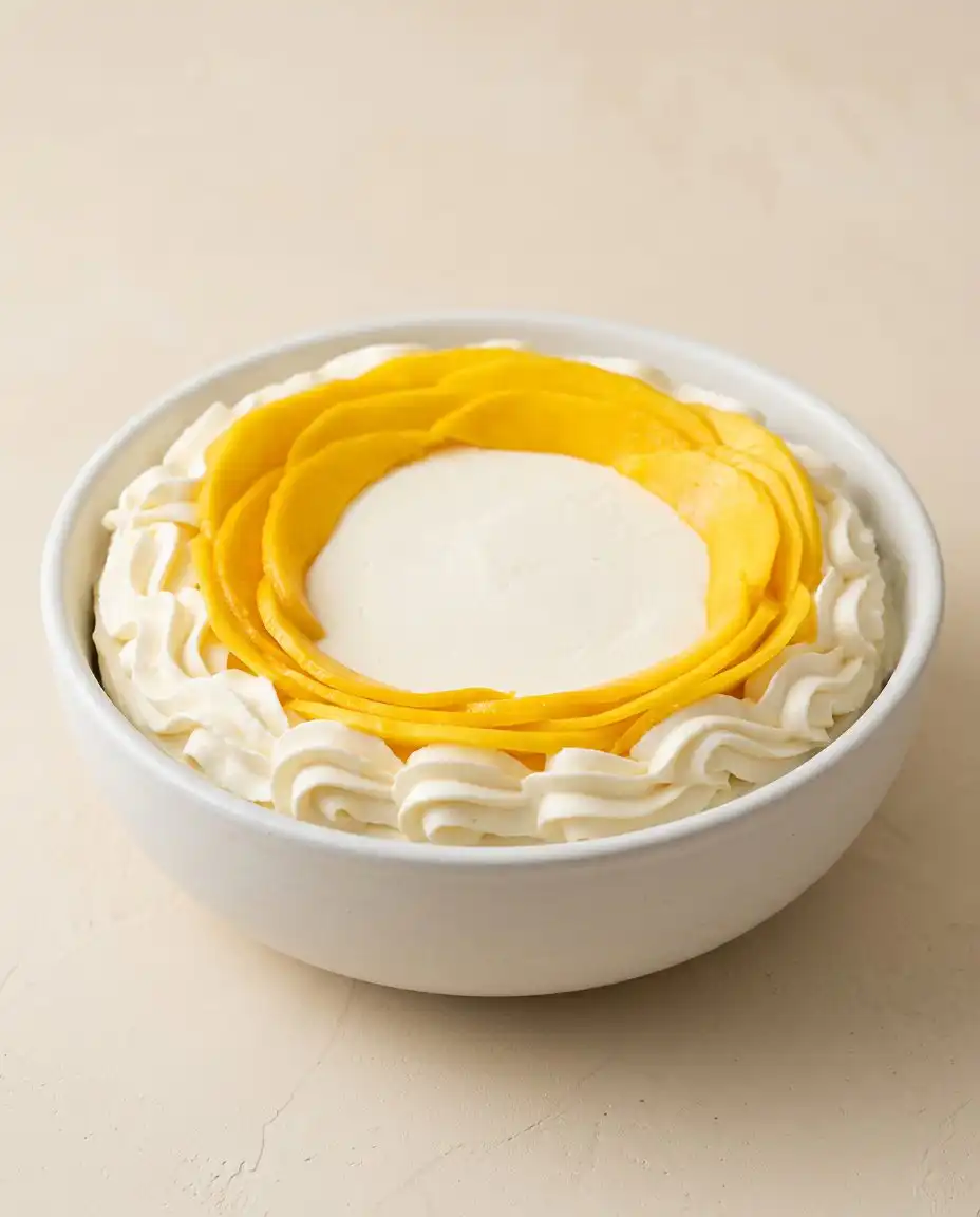 Slicing fresh mangoes into thin uniform ribbons for a Mango Flower Crown Cake.