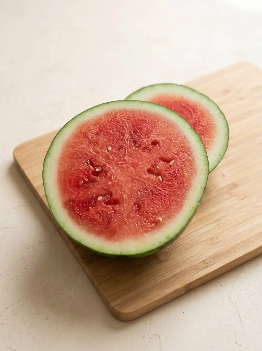 Slicing a red watermelon into small wedges to prepare Frozen Watermelon Teething Pops.