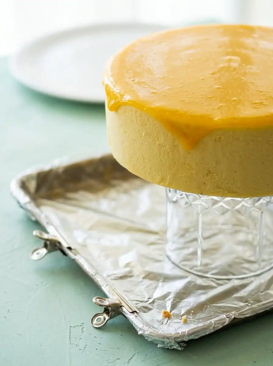 Mango Passion Fruit Mousse Cake 15 A sharp knife cutting a clean slice of Mango Passion Fruit Mousse Cake.