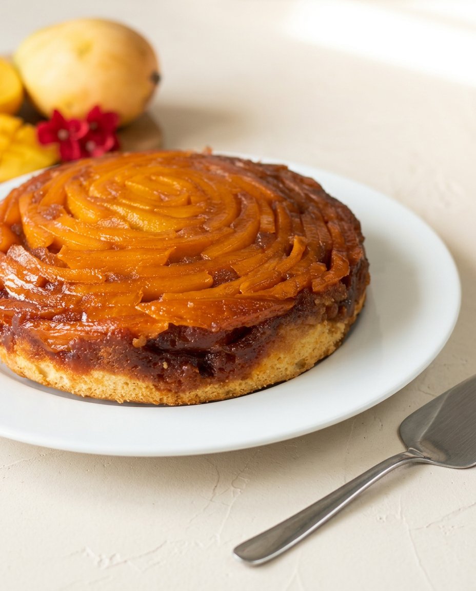 Slicing a piece of warm Mango Upside Down Cake with a sharp knife.