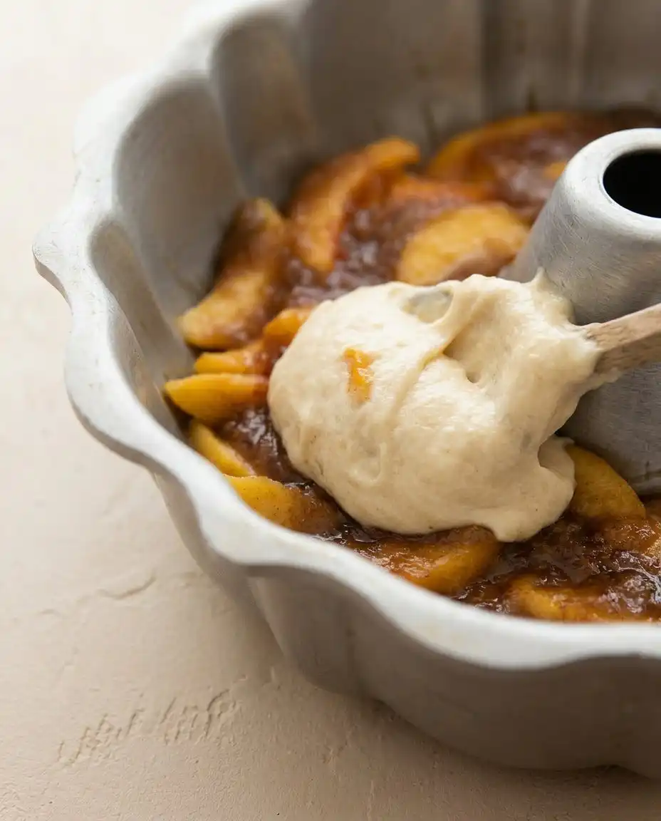 A hand slicing a Buttery Peach Cobbler Pound Cake resting on a vintage wire cooling rack.