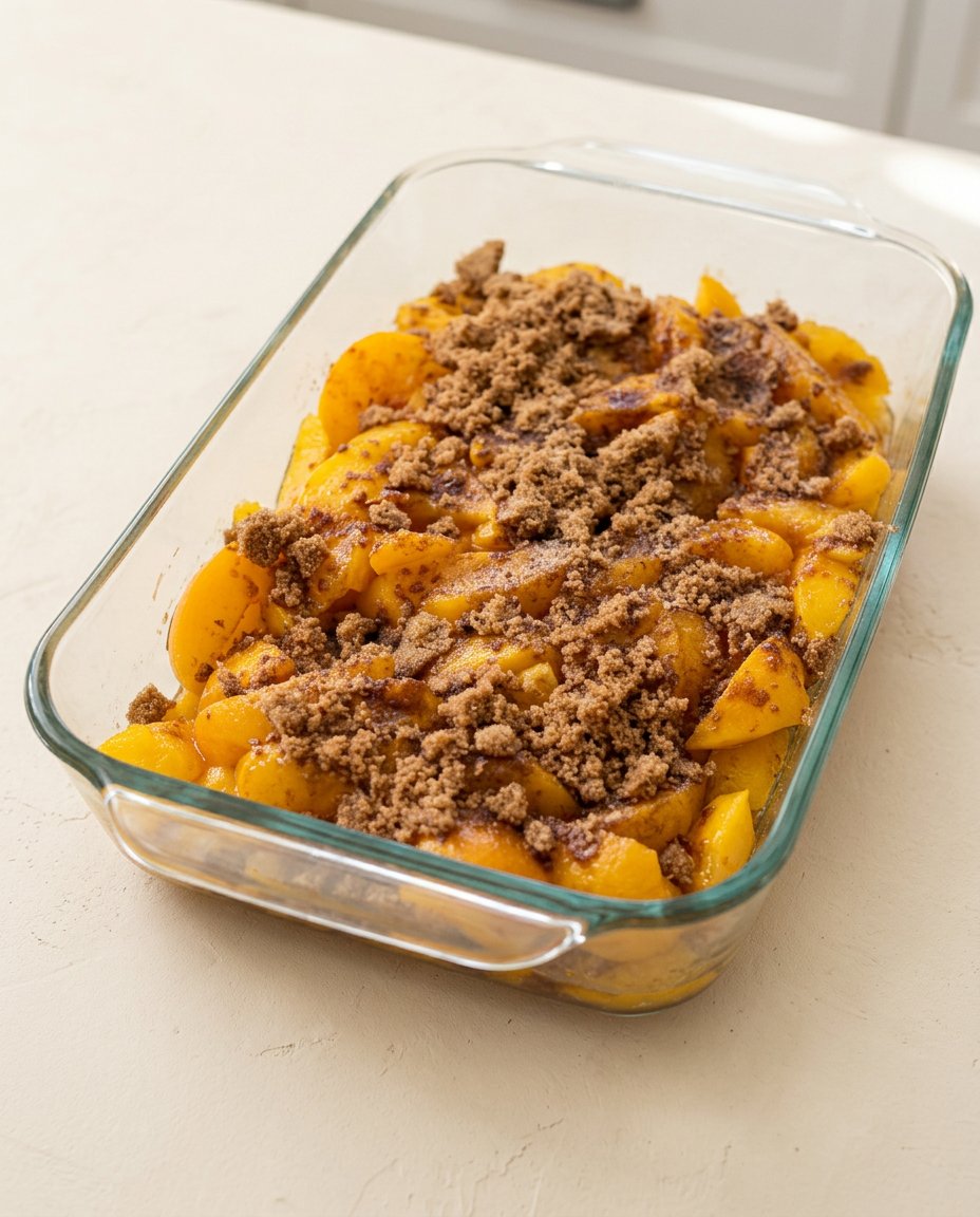 A fork cutting into a warm slice of Cinnamon Canned Peach Dump Cake.