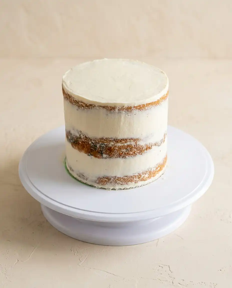 Vanilla Naked Cake 16 A clean slice of vanilla naked cake being served from a turntable.