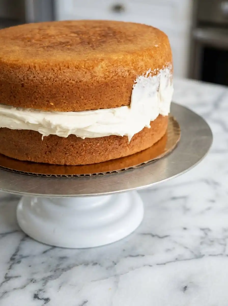Two-Layer Naked Cake 15 Using a bench scraper to smooth buttercream on a Two-Layer Naked Cake.