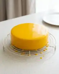 A golden sponge cake layer being soaked with warm vanilla milk for Mango Passion Fruit Mousse Cake.