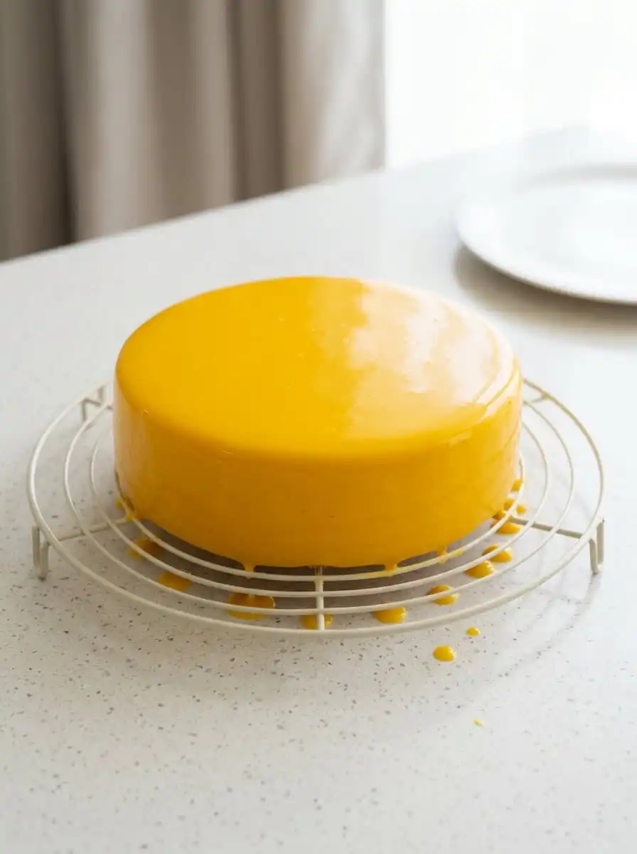 Mango Passion Fruit Mousse Cake 12 A golden sponge cake layer being soaked with warm vanilla milk for Mango Passion Fruit Mousse Cake.