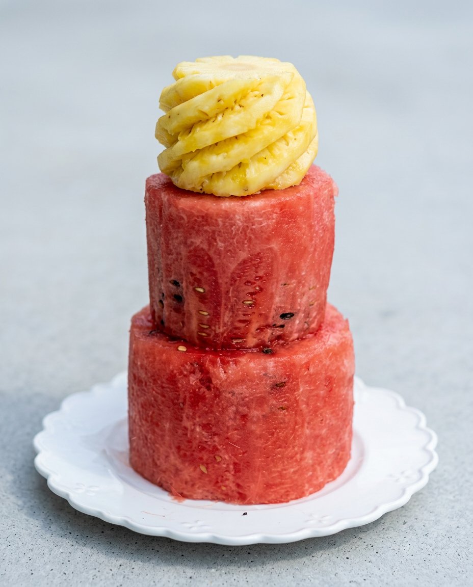 Securing a two tier Watermelon Fruit Cake Tower with hidden wooden toothpicks.