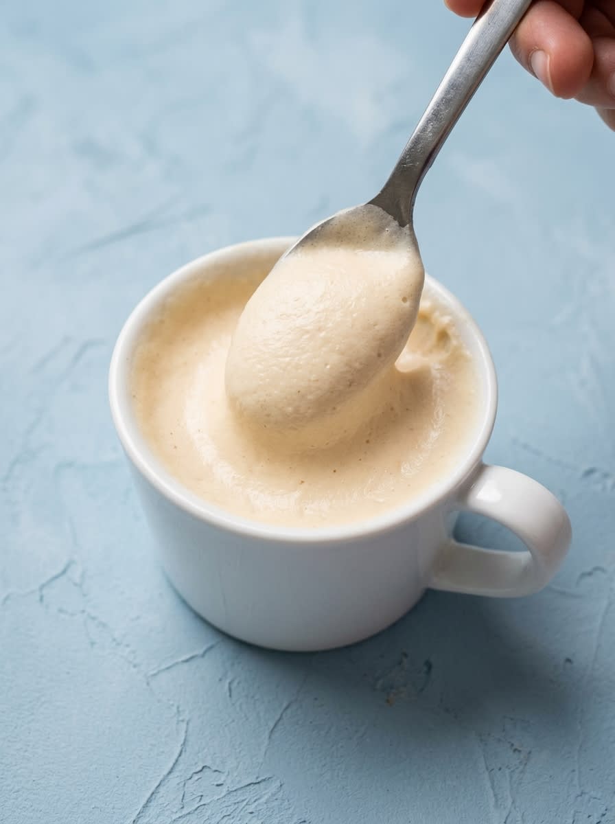 1-Minute Vanilla Mug Cake 15 Checking the doneness of a freshly microwaved 1-Minute Vanilla Mug Cake with a spoon