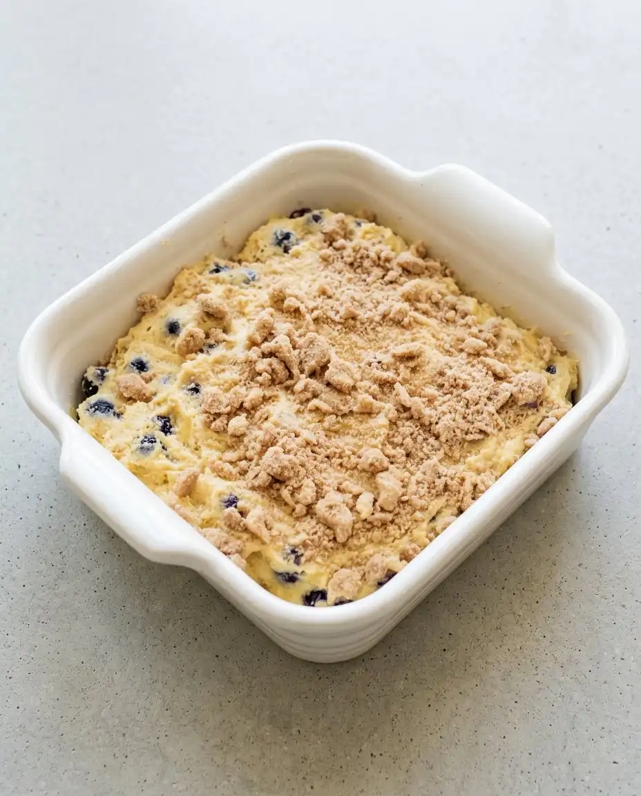 Inserting a cake tester into the center of a baked Classic Blueberry Coffee Cake to test the crumb.