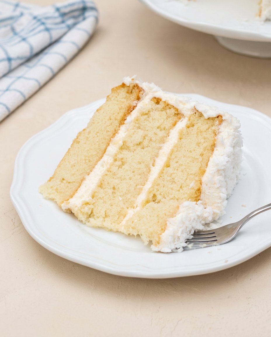 Three-Layer Coconut Cream Cake 16 A beautiful slice of Three-Layer Coconut Cream Cake on a plate served next to a hot mug of coffee.