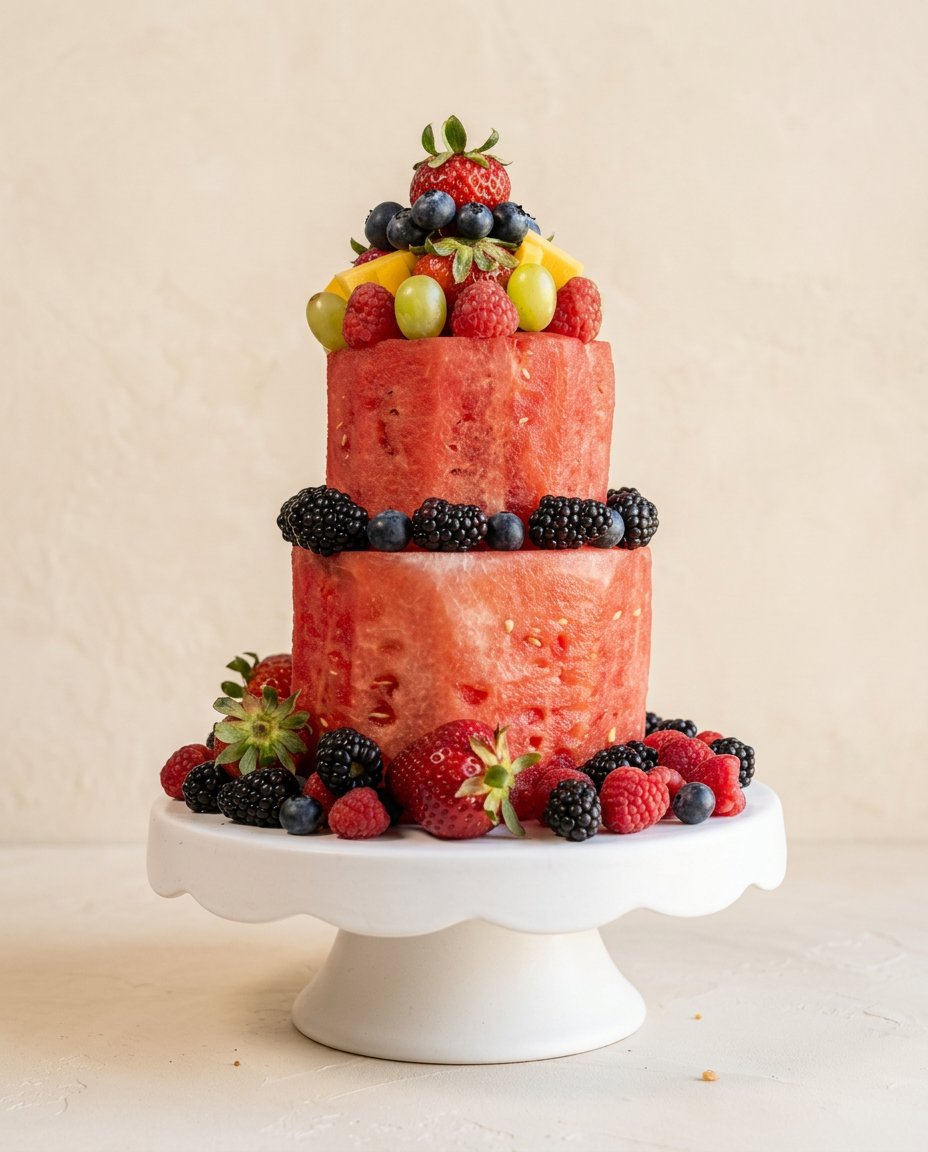 Classic Watermelon Fruit Cake 12 A stunning tiered Classic Watermelon Fruit Cake decorated with fresh colorful summer berries.