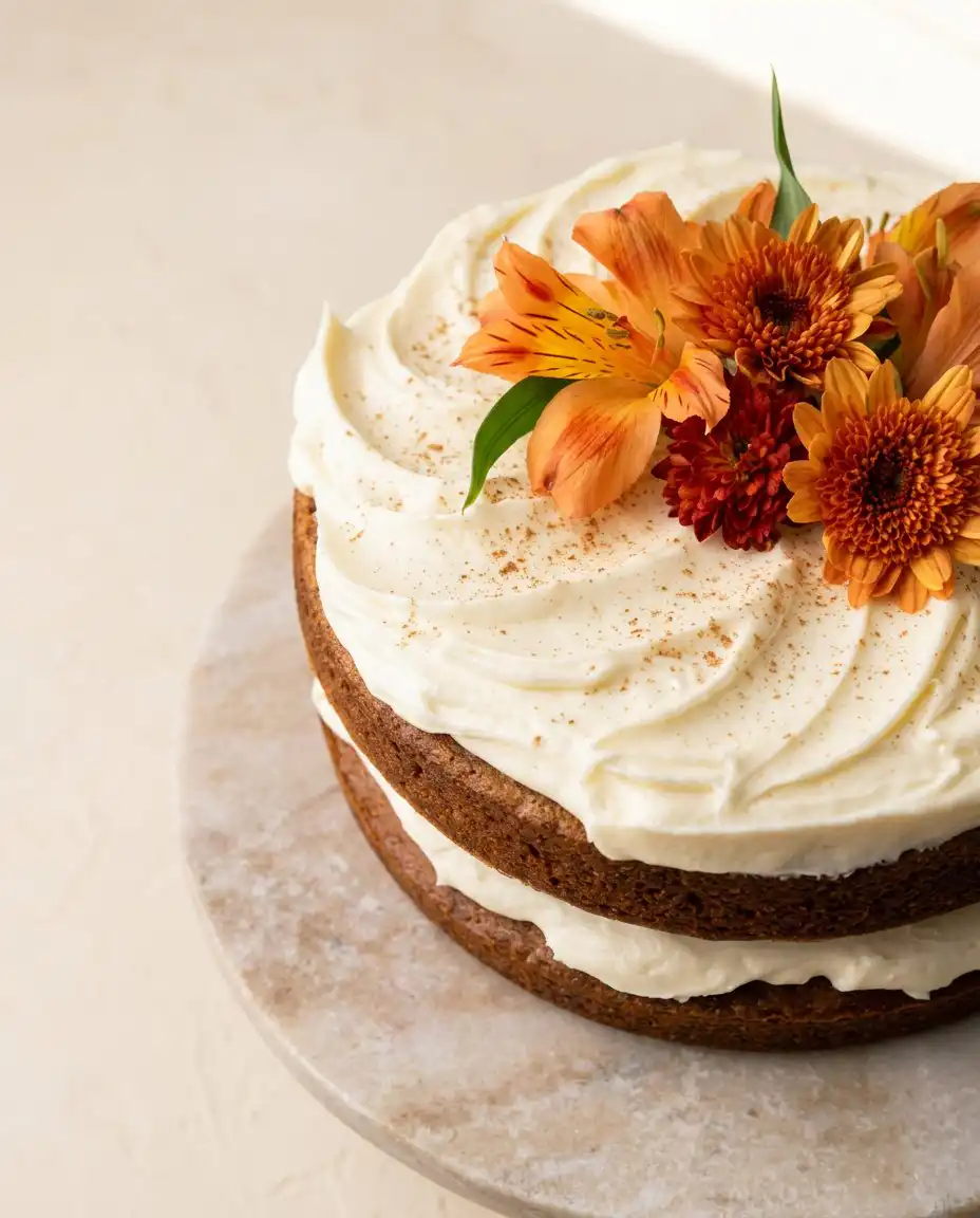 Brown Butter Pumpkin Cake 12 Slices of decadent Brown Butter Pumpkin Cake with cream cheese frosting and caramel filling on a rustic stand.