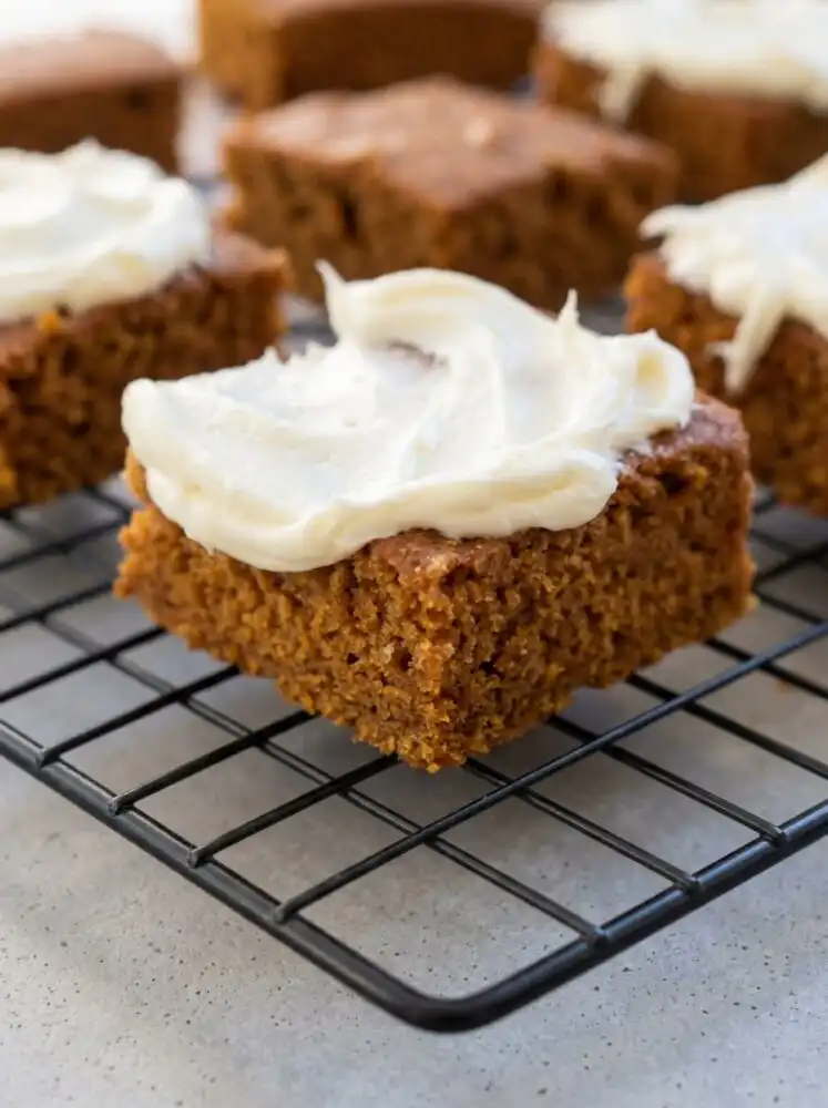 Home - Melt Cake - Baking that Melts in Your Mouth 7 A close up shot of a sliced square of Two Ingredient Pumpkin Spice Cake on a rustic ceramic plate