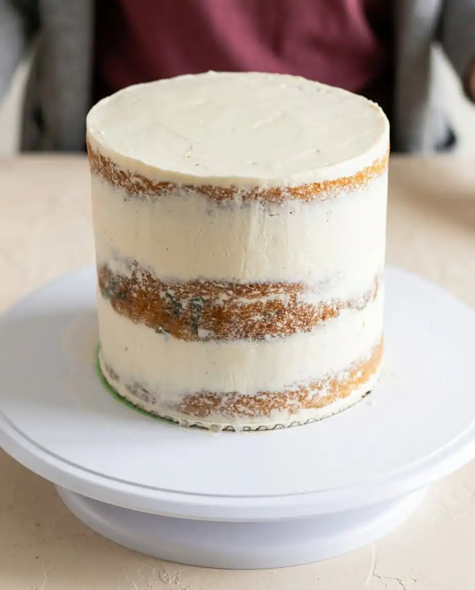Vanilla Naked Cake 12 A beautifully structured three layer vanilla naked cake decorated with fresh raspberries.