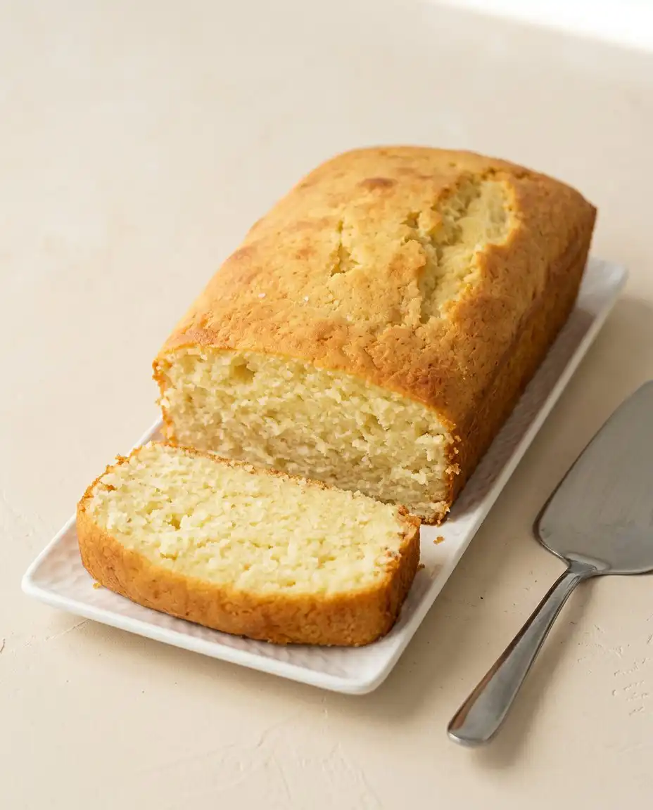 Cream Cheese Pound Cake 12 A golden brown cream cheese pound cake dusted with powdered sugar on a white cake stand.