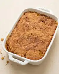 A warm serving of Old-Fashioned Peach Cake fresh out of the oven showing gooey layers.