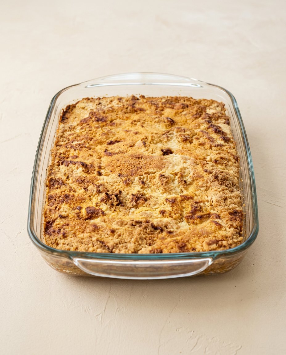 Pumpkin Dump Cake 12 A close up photo of a tender slice of Pumpkin Dump Cake with a buttery walnut crust on a white plate