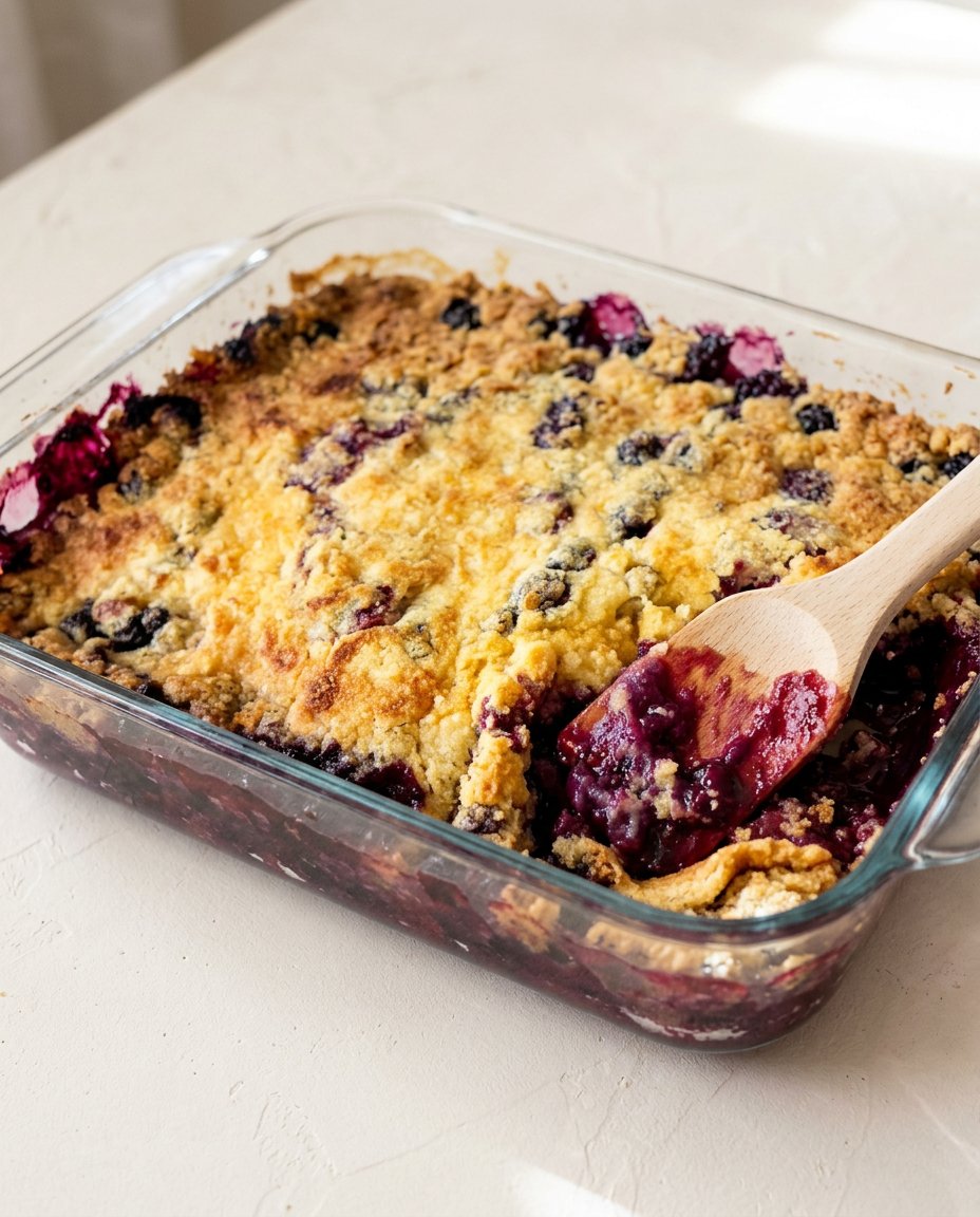 3-Ingredient Blueberry Dump Cake 12 A warm spoonful of 3-Ingredient Blueberry Dump Cake served with melting vanilla ice cream on a white plate