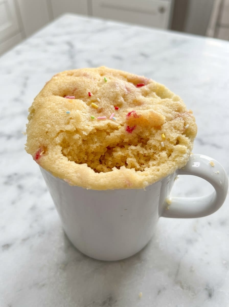 1-Minute Vanilla Mug Cake 12 A warm 1-Minute Vanilla Mug Cake topped with colorful sprinkles inside a blue ceramic mug