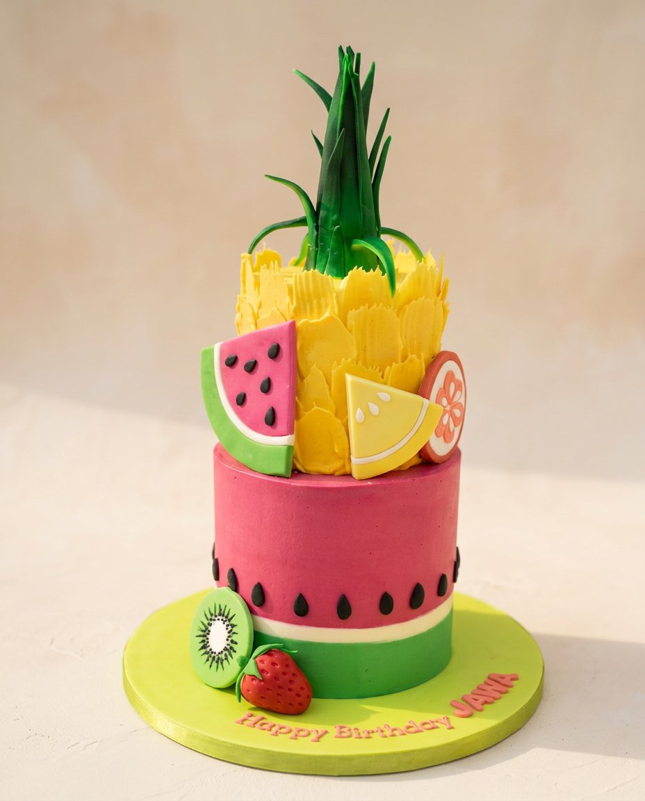 Watermelon and Pineapple Tropical Fruit Cake 12 A stacked Watermelon and Pineapple Tropical Fruit Cake decorated with berries