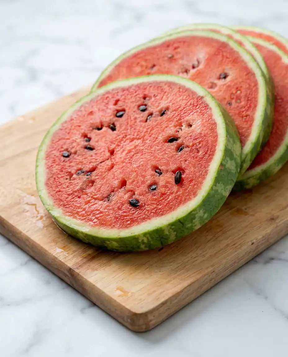 Slices of watermelon with fresh strawberries, blueberries, and coconut milk