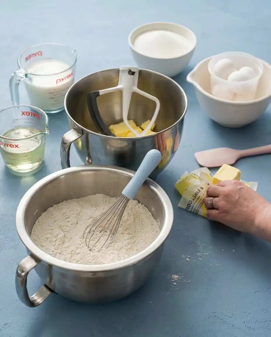 A collection of weighed ingredients for the Classic Vanilla Layer Cake on a clean baking bench.