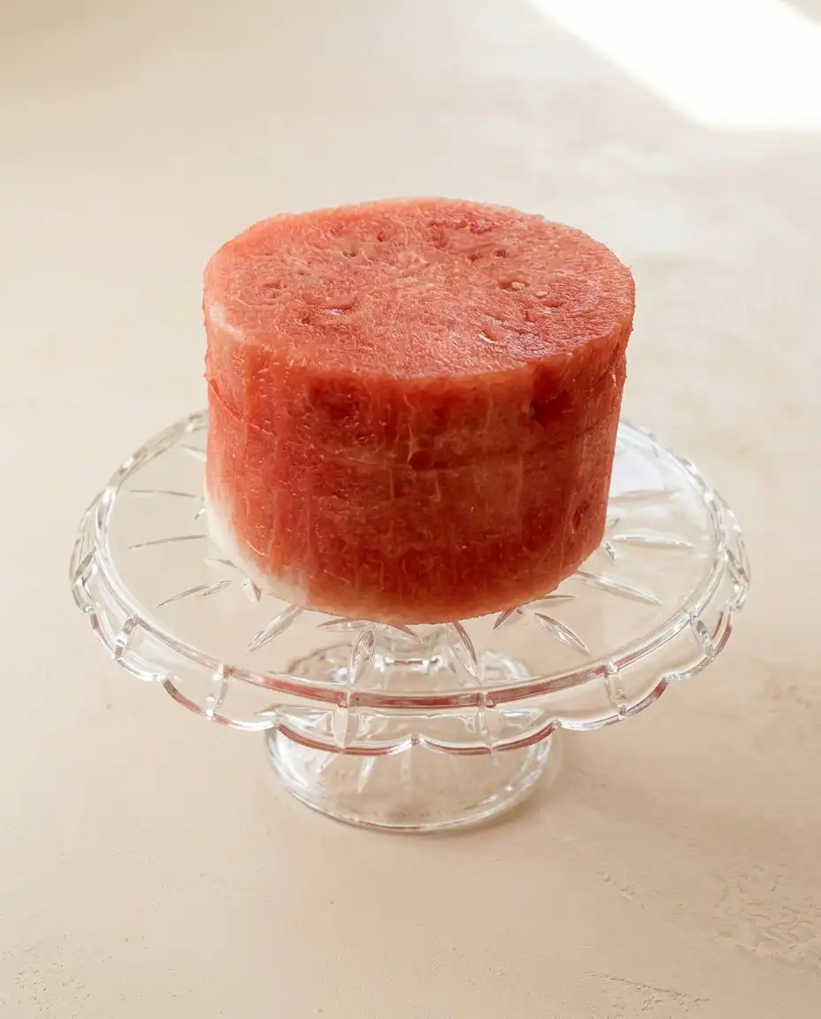 No-Bake Watermelon Cake with Coconut Cream 15 An electric mixer whipping thick coconut cream frosting in a large glass bowl.