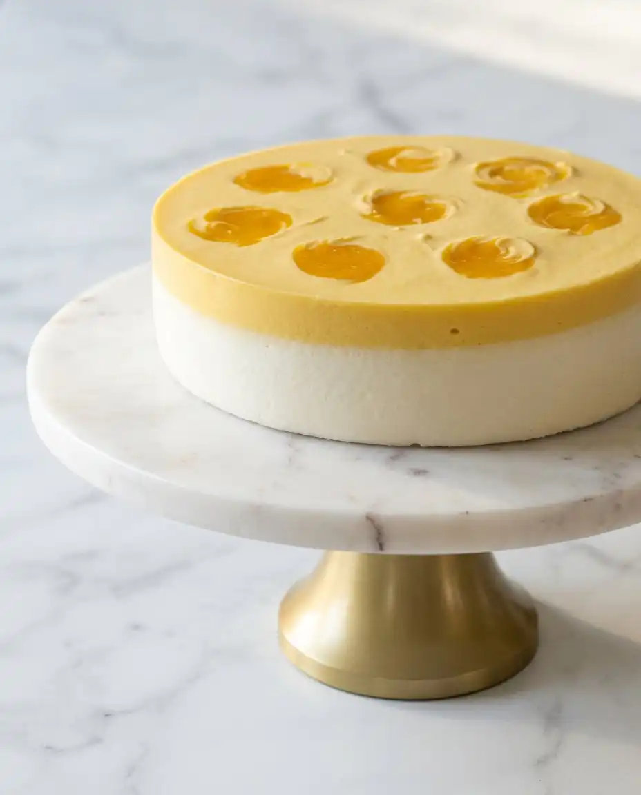 A whole Classic Mango Mousse Cake garnished with pistachios on a rustic table.